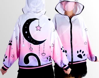 Pastel Cat Ear Hoodie, Kawaii Moon & Paws Zip-Up