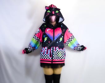 Scene Kid Drip Cat Ear Hoodie: Pixel Heart Check Alien Neko Zip-Up