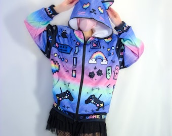 Pixel Art Cat Ear Hoodie, Retro Arcade Gamer Zip-Up
