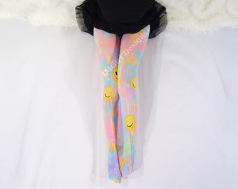 Decora Tights, Harajuku Rainbow Drip And Gem Print Hosiery