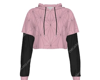Mesh Sleeve Crop Hoodie, Pink Brown Asanoha Pattern, Anime Style, Pull Over Jumper, Hooded, Cute Kawaii Aesthetic, Cool Sweater