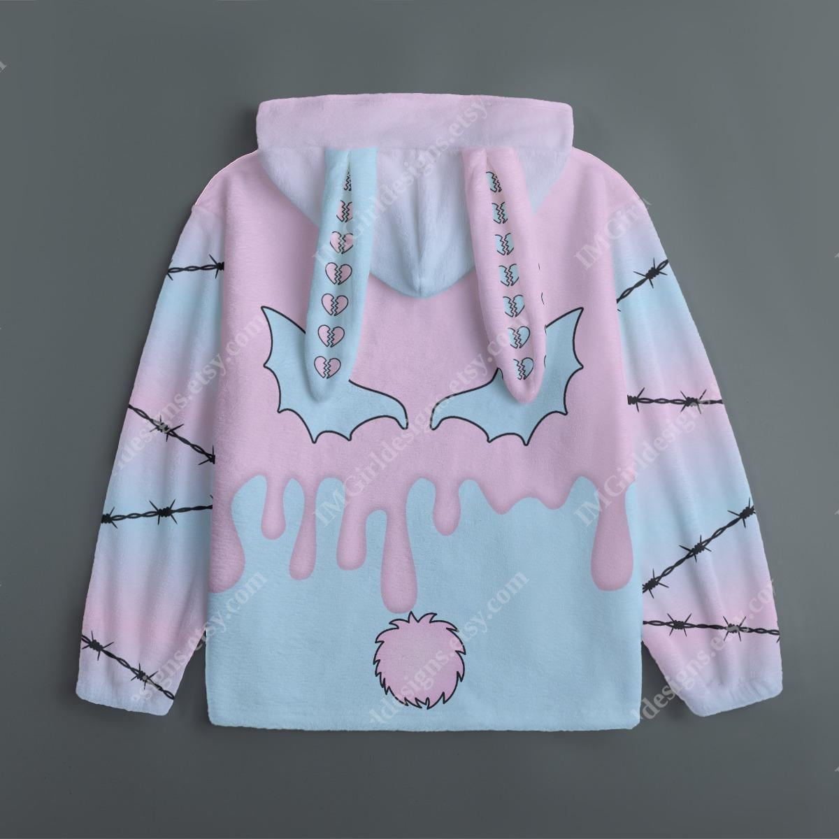 Bunny Ear Hoodie, Soft Plush Fleece, Pastel Goth Aesthetic