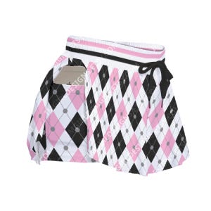May include: A white, pink, and black argyle patterned athletic skirt with a pocket. The skirt has a black drawstring and a pink and black striped waistband. The argyle pattern is made up of pink and black diamonds with grey dots.