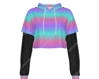 Pastel Mesh Sleeve Crop Top Hoodie, Kawaii , Long Sleeve