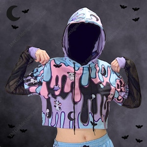 Mesh Sleeve Crop Hoodie, Pastel Goth Aesthetic, Pull Over Jumper, Hooded, Cute Kawaii Style, Cool Sweater, Blue Pink Purple Black Drip Theme