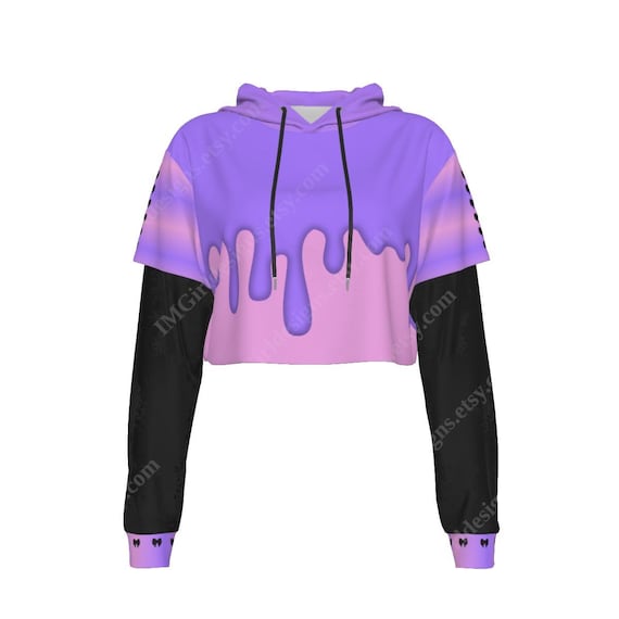 【KOOLOSET】Anime Crop Brushed Hood 70s Retro Style Space Goth Hoodie, Creepy Cute Harajuku
