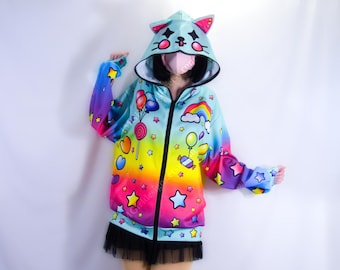 Decora Cat Ear Hoodie, Bright Rainbow Clowncore Zip-Up