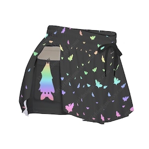 Bat Skorts Pastel Rainbow Black, Elasticated Waist, Pockets, Alternative Dark Aesthetic, Shorts Loose Overlay Pastel Goth Theme, Comfy Fit
