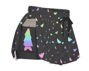 Pastel Rainbow Bat Skorts, Elastic Waist, Hidden Pockets, Pastel Goth Shorts