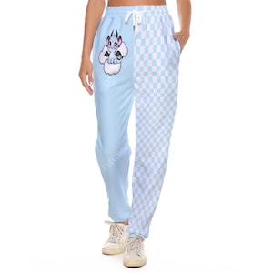 Sweatpants, Blue White Baby Dragon Cartoon Chequered Print, Kawaii Aesthetic, Casual Pants, Jogging Bottoms, Joggers, Pockets, Cute Trousers