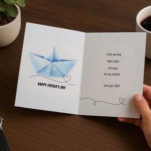 Biglietto d'auguri per la festa del papà modificabile e stampabile – Barca di carta acquerello – Pieghevole o piatto – Download immediato – A4 e 8 x 10 pollici – Modello Canva incluso