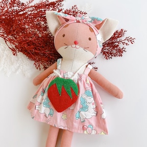 Christmas CAT Doll With Pink Cute Dress, Handmade Kitty Doll, Stuffed Animal Doll, Plushies Heirloom Doll, Birthday Gift, Nursery Room Gift