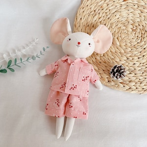 Cherry Pajamas Mouse Doll, Linen Mouse Doll, Handmade Soft Plushies, Stuffed Animals Rat Toys, Gift For Daughter, Christmas Gift For Kids