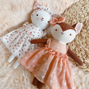 Fox Doll With Orange Floral Dress, Stuffed Animal Doll,  Textile Doll, Rag Doll, Handcrafted Birthday Gift, Nursery Decor, Christmas Gift