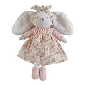Conejito de peluche con vestido rosa, de tela, de trapo, ideal como regalo de cumpleaños o decoración infantil.
