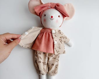 Mouse Doll With Winter Outfit, Girl Boy Doll, Stuffed Animal, Linen Rat Doll, Fabric Cotton Doll, Stuffed Cat With Clothes, Toddler Gift