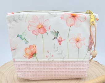 Kosmetiktasche rosa Kolibri Blumen Punkte Waffelpique Beauty Bag Make-up Wellness Schminktasche Unikat Schminktäschchen Utensilo Mädchen