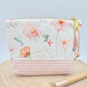 Kosmetiktasche rosa Kolibri Blumen Punkte Waffelpique Beauty Bag Make-up Wellness Schminktasche Unikat Schminktäschchen Utensilo Mädchen