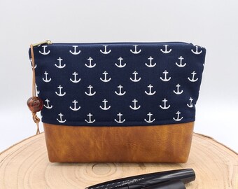 Cosmetic bag, anchor design, blue faux leather, nautical style, handmade, unique piece, beauty bag, faux leather, handmade beauty make-up bag