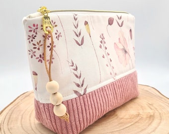 Kosmetiktasche Innenfach Blumen Cord Mohn Blumen rosa gold Kulturtasche Beauty Bag Make-up handgemacht Schminktasche Unikat Schminktäschchen