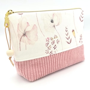 Kosmetiktasche Innenfach Blumen Cord Mohn Blumen rosa gold Kulturtasche Beauty Bag Make-up handgemacht Schminktasche Unikat Schminktäschchen