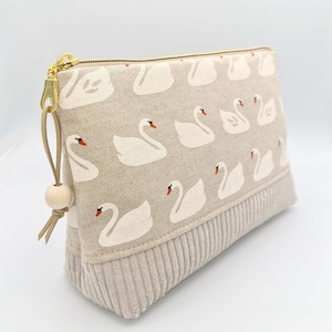 Kulturtasche XL mit Innenfach handmade Cord Schwäne Leinenoptik dots beige sand