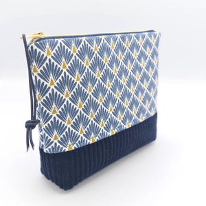 Kosmetiktasche blau Cord Fächer gelb gold Kulturtasche Beauty Bag Make-up handgemacht Schminktasche Unikat Schminktäschchen