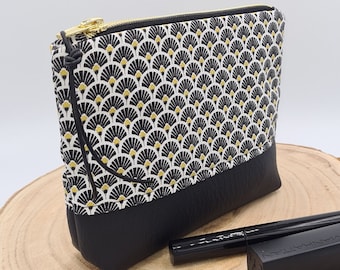 Kosmetiktasche handgefertigt schwarz Fächer Kunstleder gold edel Unikat Beauty Bag