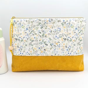 Kulturtasche XXL Cord sonnengelb & Blümchen gelb blau Punkte