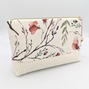 Kulturtasche XL mit Innenfach Canvas Baumwolle Kirschblüten Zweige Blüten Cord creme