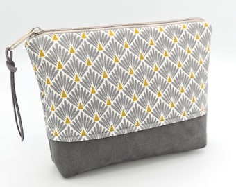 Cosmetic bag, makeup bag, grey faux leather, unique handmade beauty make-up