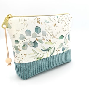 Kosmetiktasche handgefertigt Cord Eukalyptus mint Gold Einzelstück Cordtasche Beauty Bag