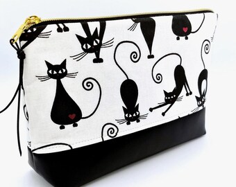 Toiletry bag with inner compartment, black cat leather