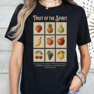 Bible Verse Shirt for Women Christian Stamp Graphic Tee Fruit of the Spirit Galatians 5:22 Shirt Vintage Faith Shirt Scripture Gift for Mom