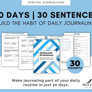Gratitude Journal, desafío de llevar un diario de 30 días, tamaño de letra imprimible, creación de hábitos, autorreflexión, viaje de escritura, atención plena, 30 indicaciones