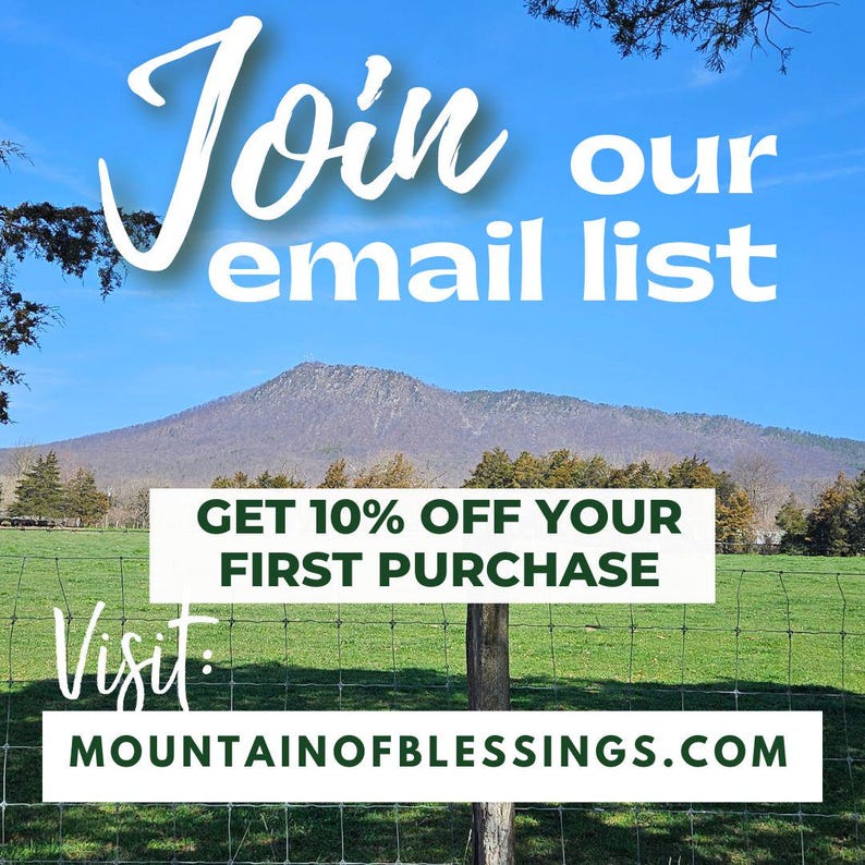 May include: An advertisement against a backdrop of a mountain and blue sky. The text reads "Join our email list" and "Get 10% off your first purchase." The website address is "MOUNTAINOFBLESSINGS.COM".