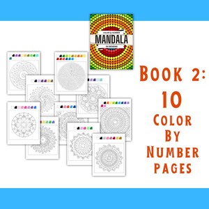 May include: Color by number mandala coloring book with 10 designs. The cover features a colorful mandala with a title that reads "Color by Number Mandala".