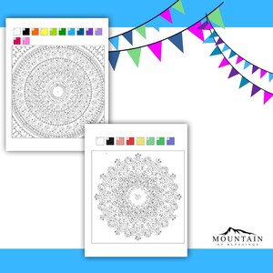 May include: A black and white mandala coloring page with a color chart and a logo for Mountain of Blessings.
