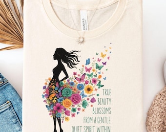 Christian Shirt for Women, True Beauty Bible Verse tee, 1 Peter 3:3-4