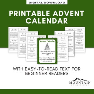 May include: Printable Advent calendar with a Christmas tree design. The calendar features daily readings from Genesis to John, with text in three reading levels: Beginner, Intermediate, and Advanced. The text reads "The Christmas Story from Genesis to John. Text in 3 reading levels: Beginner, Intermediate, and Advanced."
