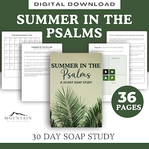 Könnte beinhalten: Digitaler Download eines 30-Tage-SOAP-Studienführers mit dem Titel "Summer in the Psalms". Das Cover zeigt ein Palmenblatt-Design. Enthält einen Leseplan, hilfreiche Ressourcen und 36 Seiten Inhalt.