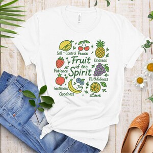 Christian T Shirt for Women Fruit of the Spirit Colorful doodle Tee Galatians 5:22 Bible Verse Shirt Fun Scripture Apparel Faith Based Gift