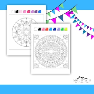 May include: A black and white mandala coloring page with a color key showing 10 different colors. The mandala is a circular design with intricate details. The coloring page is perfect for adults and children who enjoy coloring.