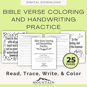 May include: A digital download of a 25-page printable colouring book for children. The book features Bible verses and handwriting practice. The cover shows a black and white illustration of a heart with the text "Trust in the Lord with all your heart and lean not on your own understanding."  Proverbs 3:5.