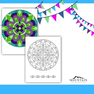 May include: A black and white mandala coloring page with numbers 1 through 5. The mandala is a circular design with intricate patterns. The page is titled "Mountain of Blessings".