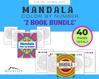 May include: A digital download of two coloring books featuring 40 pages of mandala designs to color by number. The cover of one book features a colorful mandala with pink, yellow, orange, and green colors. The cover of the other book features a mandala with a rainbow color scheme. The text on the cover of the books reads "Mandala Color by Number".