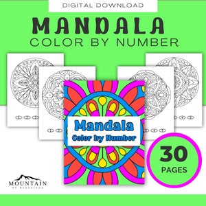 Mandala Color by number, 30 pages, for adults, teens & kids, printable instant digital download, Adult color by number coloring book, Paint
