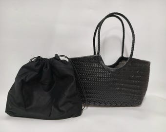 Bolsa tote preta de couro puro tecido à mão e bolsa de cesta de mercado - presente para ela