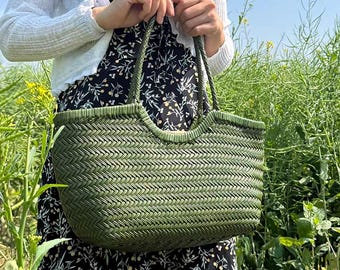 Green Pure Hand-Woven Bag Handbag Vegetable Basket Beach Bag Outdoor Travel Bag