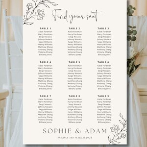 Gráfico de plano de asientos personalizable, editable, botánico mínimo, plantilla de Canva para bodas